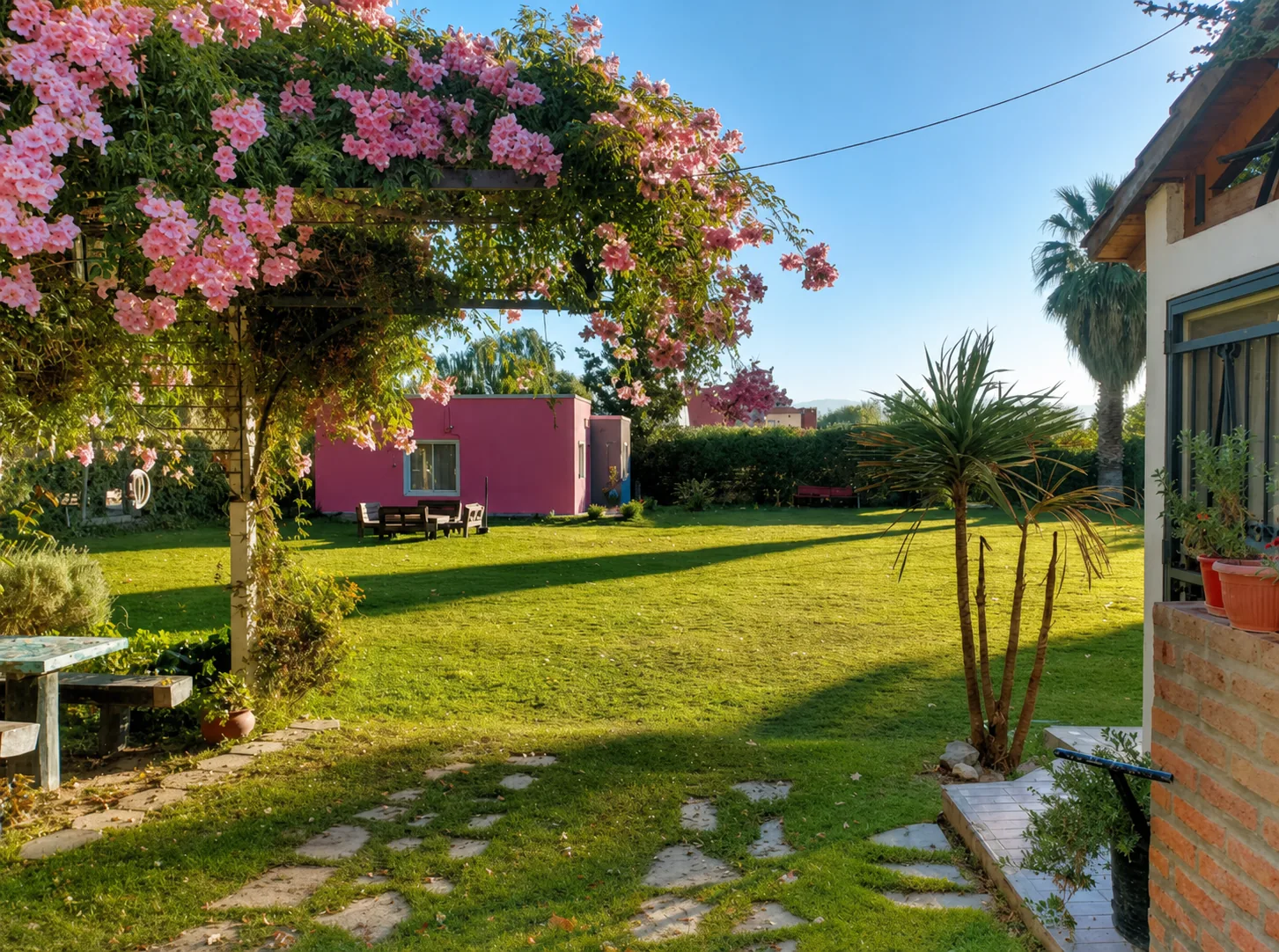 Pérgola florecida y jardines de Complejo Los Aromos